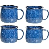 Red Co. Set of 4 Enamelware Metal 12 Oz Round Camping Coffee Mugs with Handle, White-Speckled Blue/Black Rim