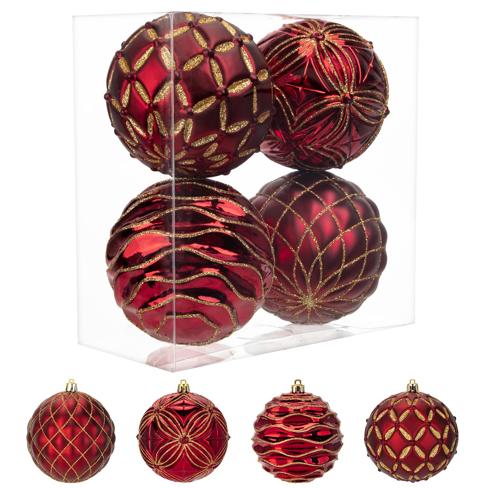 Oairse 4"/10cm Large Red Christmas Baubles Ornaments 4 Pcs Shatterproof Big Glitter Christmas Tree Ornaments for Holiday Halloween Wedding Party Xmas Tree Decorations
