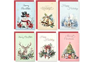 STYPOP Boxed Christmas Cards with Envelopes - Watercolor Designs Blank Inside Happy Holidays Cards with Red Envelopes, Assorted Merry Christmas Cards Bulk (24-Pack, 4" x 6")
