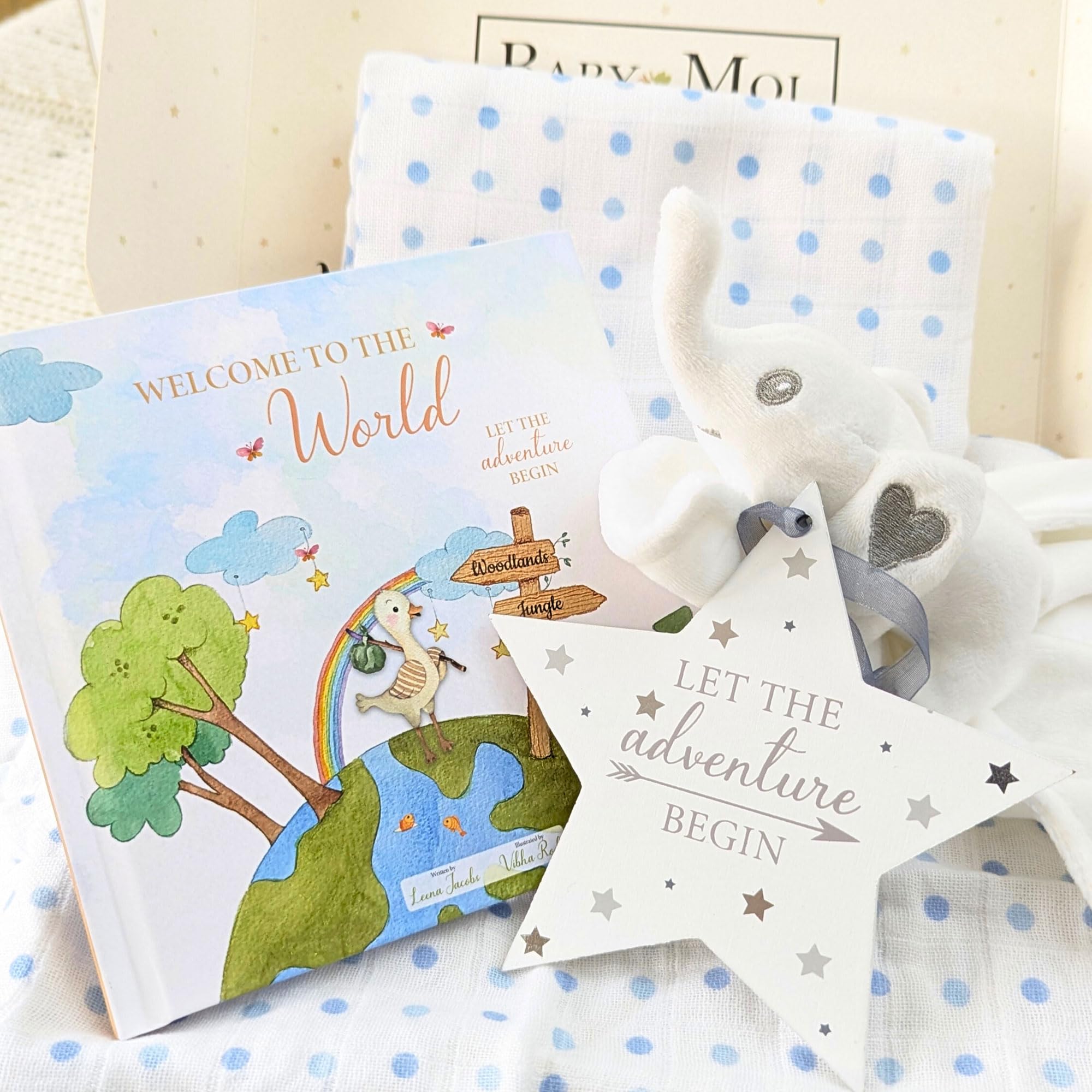 Newborn Baby Boy Gifts & New Parent Gifts 4 Piece Baby boy Gift Set Keepsake Gifts for Baby Boy Welcome to The World Book, Soft Elephant Comforter, Muslin Cloth & Nursery Plaque Blue Baby Gift