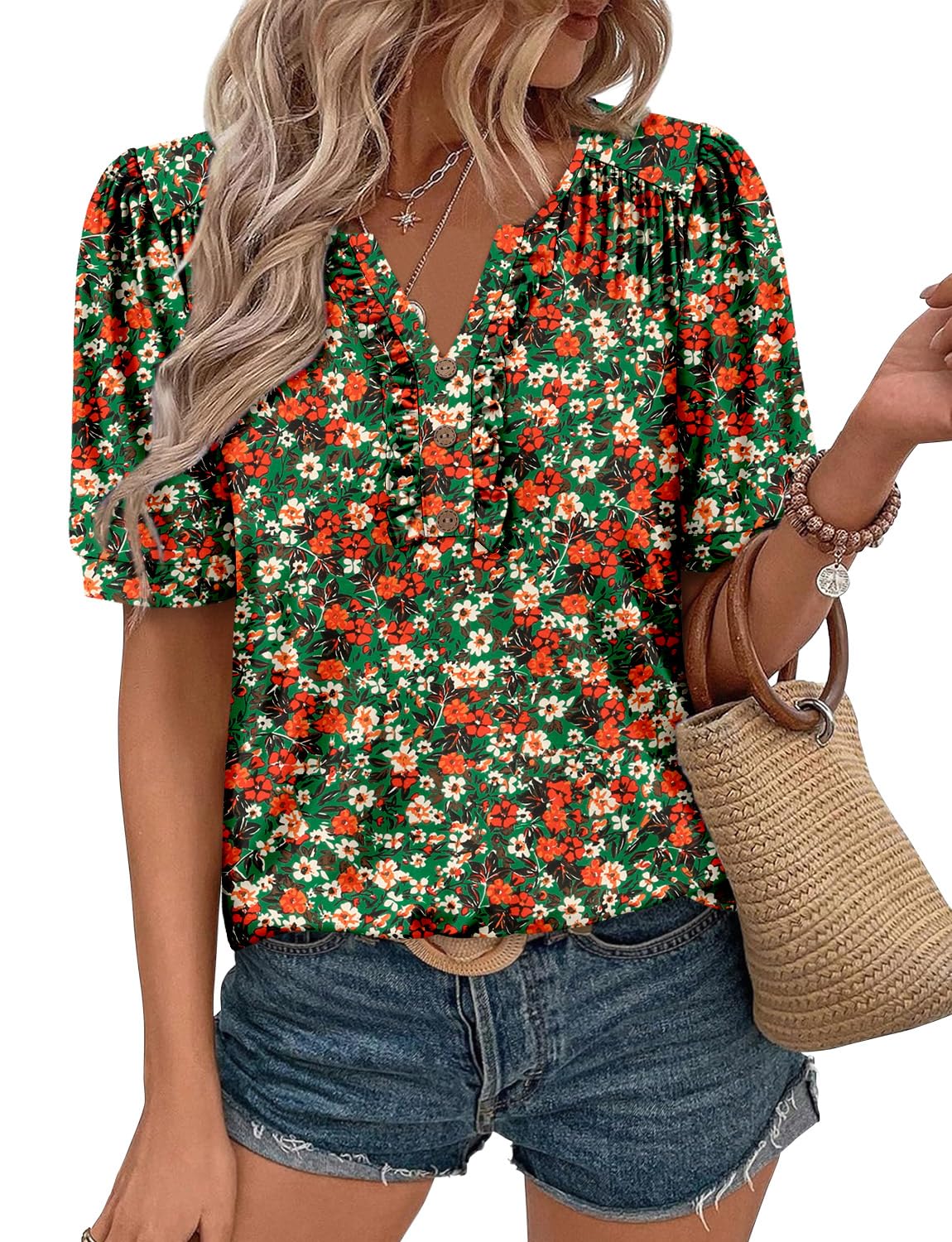 KISSMODA Women's Tunic Tops Casual V Neck Short