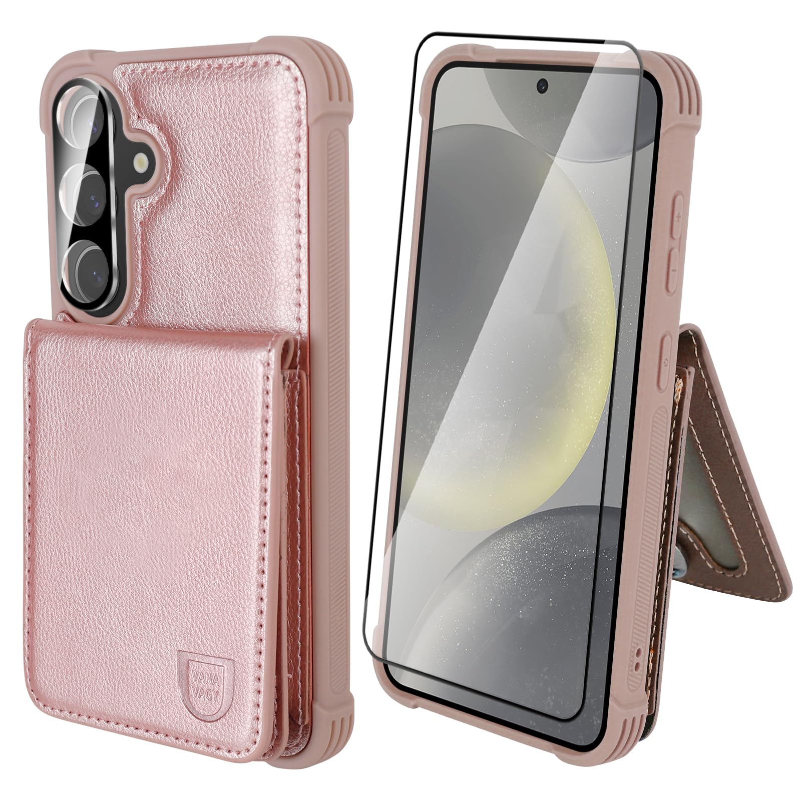 VANAVAGY Wallet Case Compatible for Galaxy S24 5G for Women and Men,Leather Magnetic Clasp Flip Folio Phone Cover with Credit Card Holder and Coin Pocket,Rose Gold