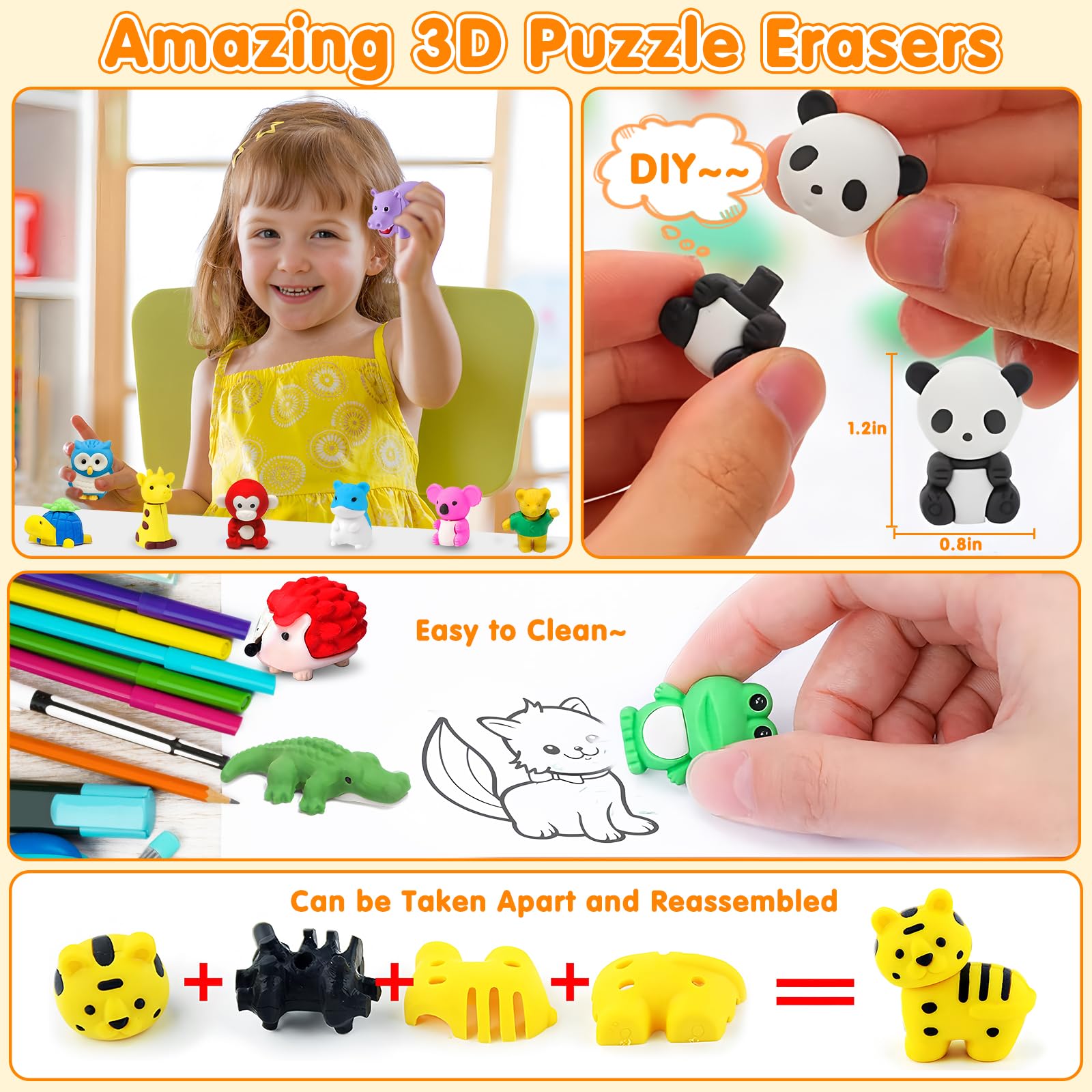 16 Pack Animal 3D Erasers Desk Pets for Kids Pencil Erasers Bulk Gifts for Classroom Prizes,Game Reward,Treasure Box,Goodie Bag Stuffers,Pinata Filler,Party Favors,Puzzle Mini Toys School Supplies