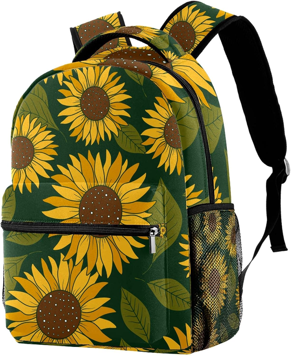Yellow Sunflowers Green Leaves Pattern School Backpack Book Bag Travel