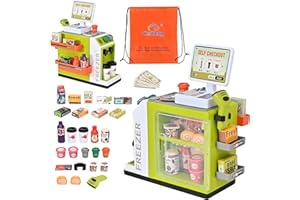 Haifeng Cash Register Playset for Kids, 46PCS Pretend Play Toy with Calculator, Scanner, Coffee Machine, Credit Cards, Play Food & Money, Kids Cash Register for Boys and Girls Ages 3+, Green