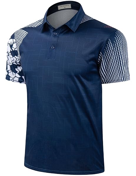DERMINPRO MEN’S LIGHTWEIGHT DRY FIT GOLF SHIRTS SHORT SLEEVE BREATHABLE GEOMETRIC TENNIS SHIRTS NAVY & RED XX-LARGE