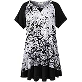 LARACE Plus Size Tops for Womens Summer Short Sleeve Tunic Shirts Crew Neck Leopard Color Block Tee