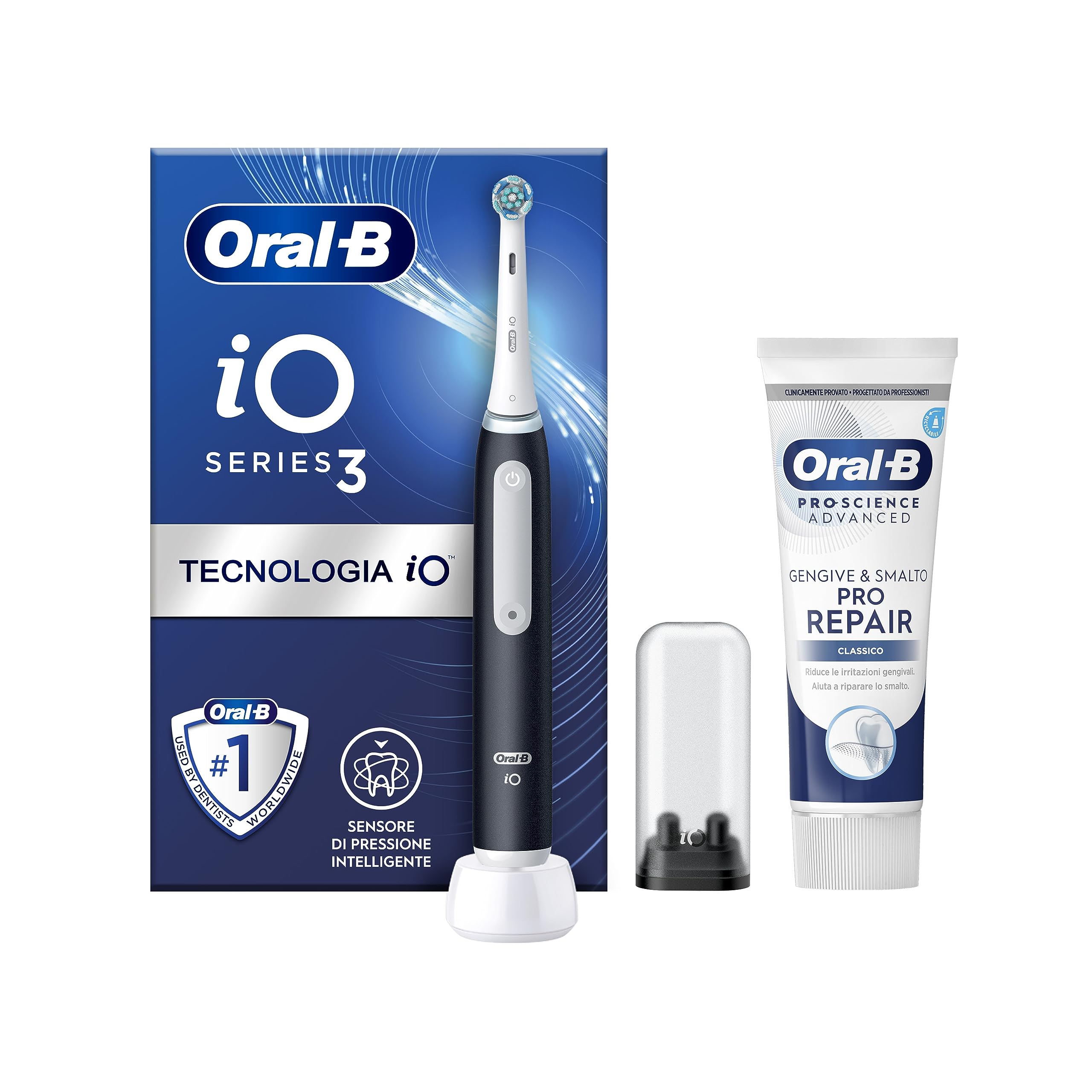 Oral-B Spazzolino Elettrico Ricaricabile iO 3N Nero, 1 Testina Di Ricambio, 1 Spazzolino + 1 Dentifricio Gengive & Smalto Pro-Repair Classico 75ml