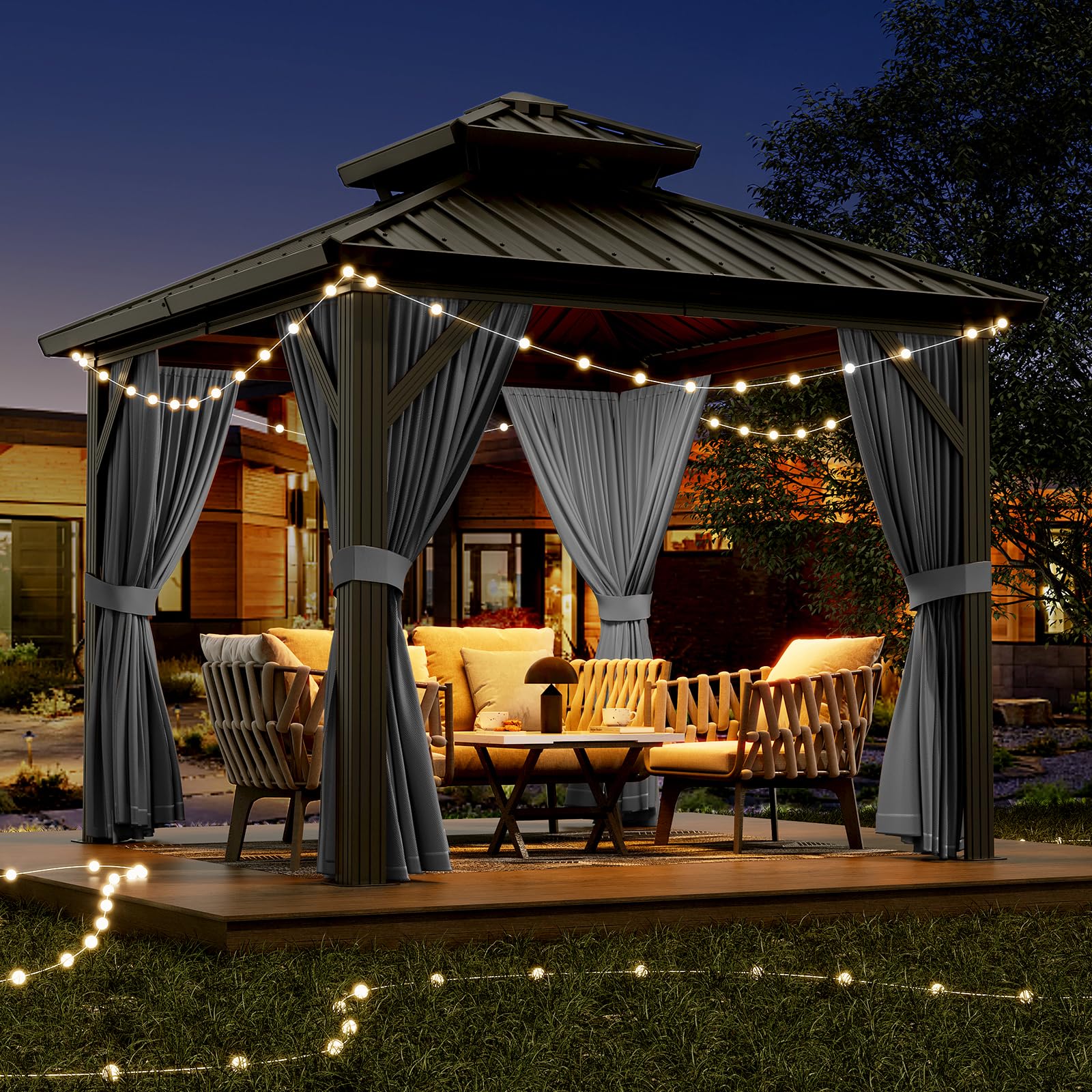 Photo 1 of 10x10ft Hardtop Gazebo, Aluminum Double Roof Gazebos with Netting and Curtains, Outdoor Permanent Gazebo for Garden, Patio, Backyard, Deck, Lawns (Gray, 10x10 FT)