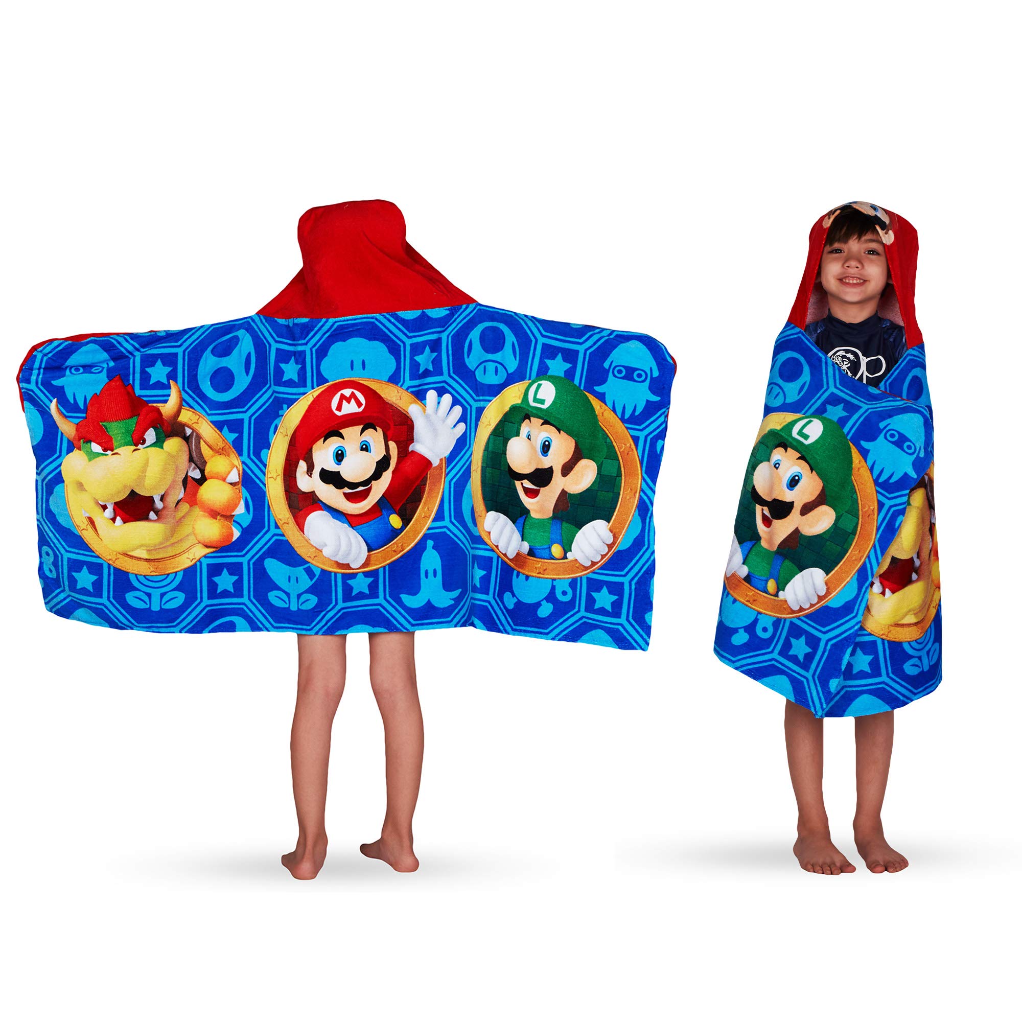 Franco Kids Bath and Beach Soft Cotton Terry Hooded Towel Wrap, 24” x 50”, Super Mario
