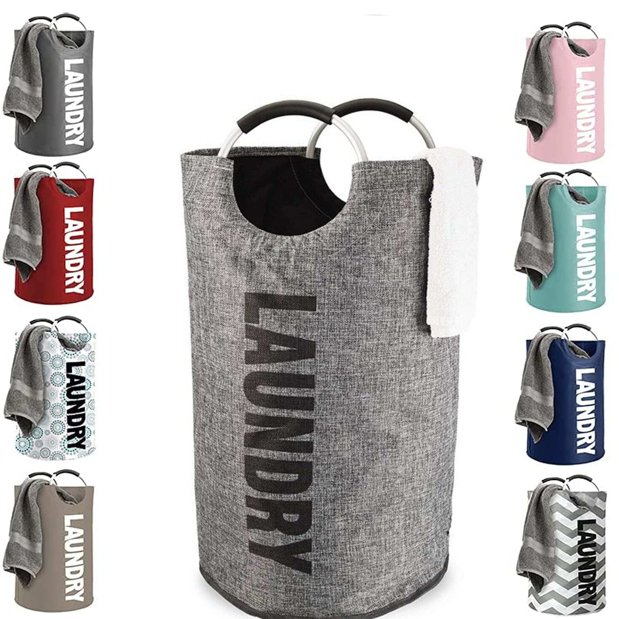 60L Extra Large Round Grey Collapsible Laundry Basket with Aluminum Soft Grip Handles Freestanding Tall Clothes Hamper Foldable Waterproof 600D Oxford Laundry Bag for Bedroom Bathroom Home Storage