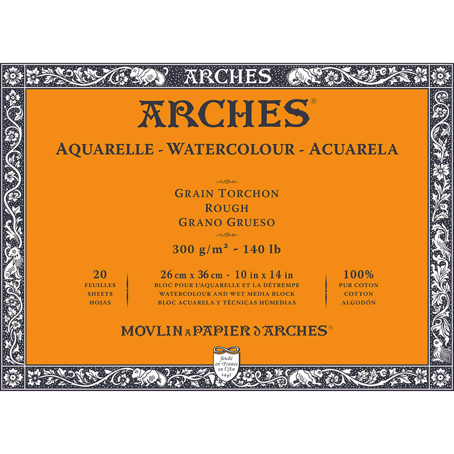 Arches Aquarelle A1795086 Pad 20 Sheets 26 x 36 Glued 4 Sides 300 g/m² Tea Towel Grain Natural White 4 Edges