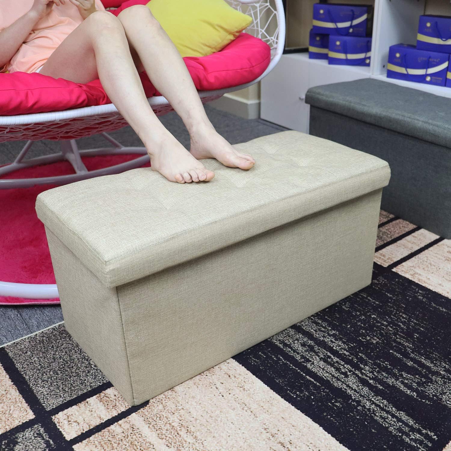 NISUNS OT03 30 Inch Linen Fabric Foldable Storage Bench Ottoman, Beige: Kitchen & Dining