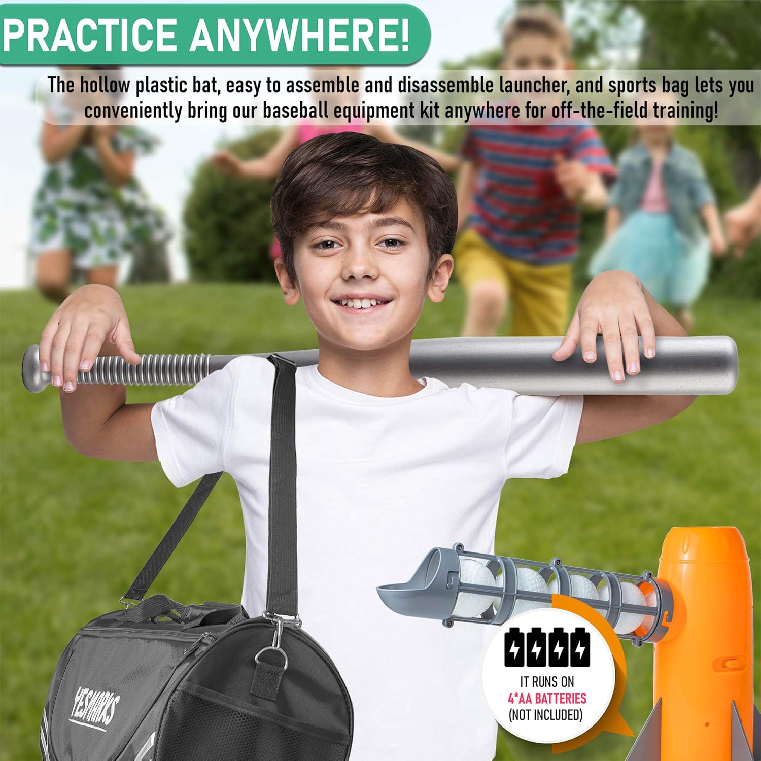 YESMARKS Kids Auto Baseball Pitching Machine Outdoor Toy Set - Training Equipment & Practice Toys for Children - Operated Automatic Pitcher, Collapsible Plastic Bat, 10 PP Baseballs, Sports Bag: Toys & Games