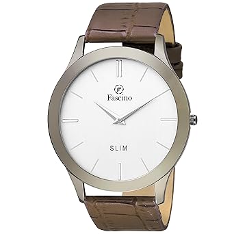 Mens Watches - Analog Round Silver Dial Slim Watch with Leather Belt | FCW 1053-GR