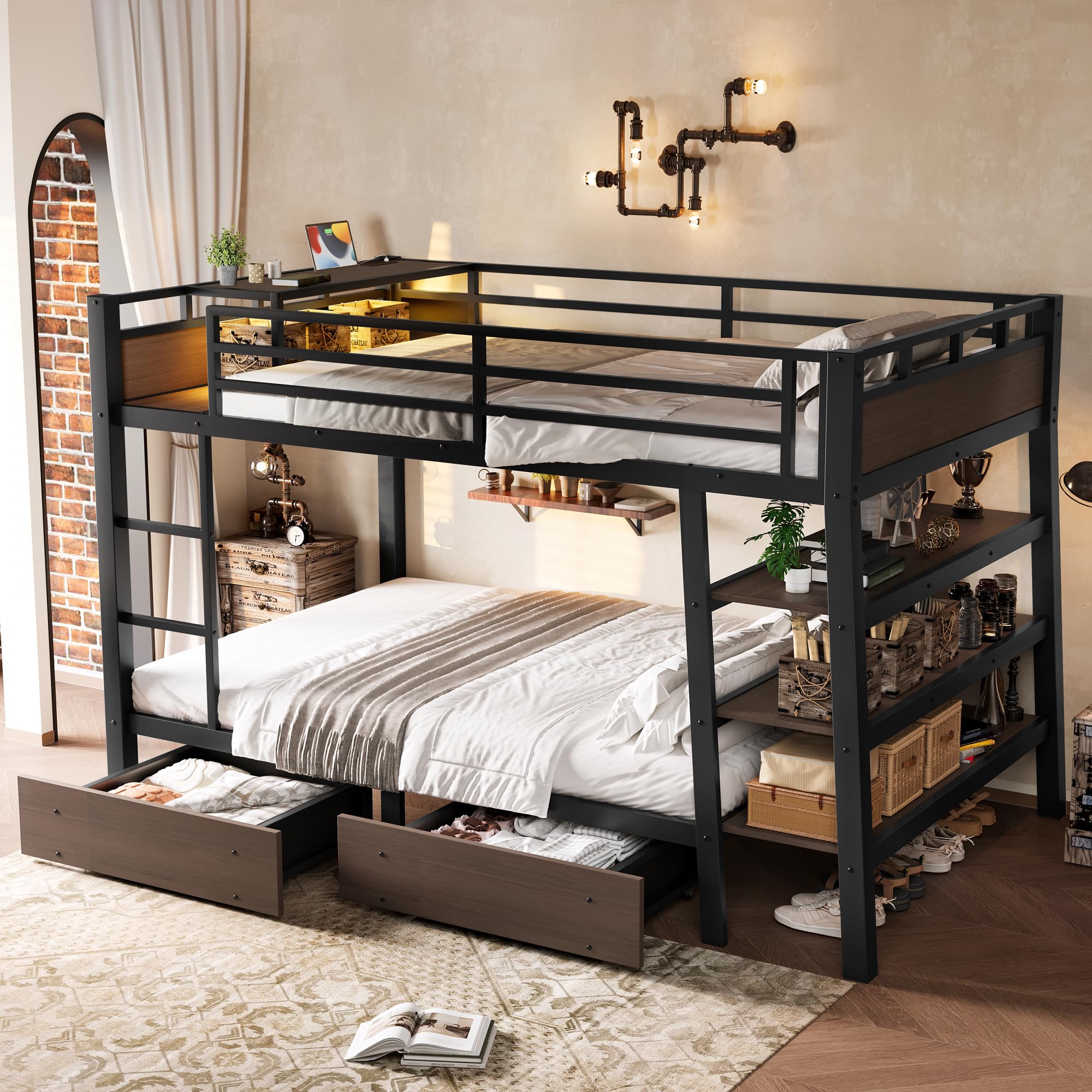 Photo 1 of Bellemave Full Size Bunk Bed with Storage Drawers and 3-Tier Shelves, Full Bunk Bed with Charging Station and Lights, Heavy Duty Metal Bunk Beds for Teen, Adults
