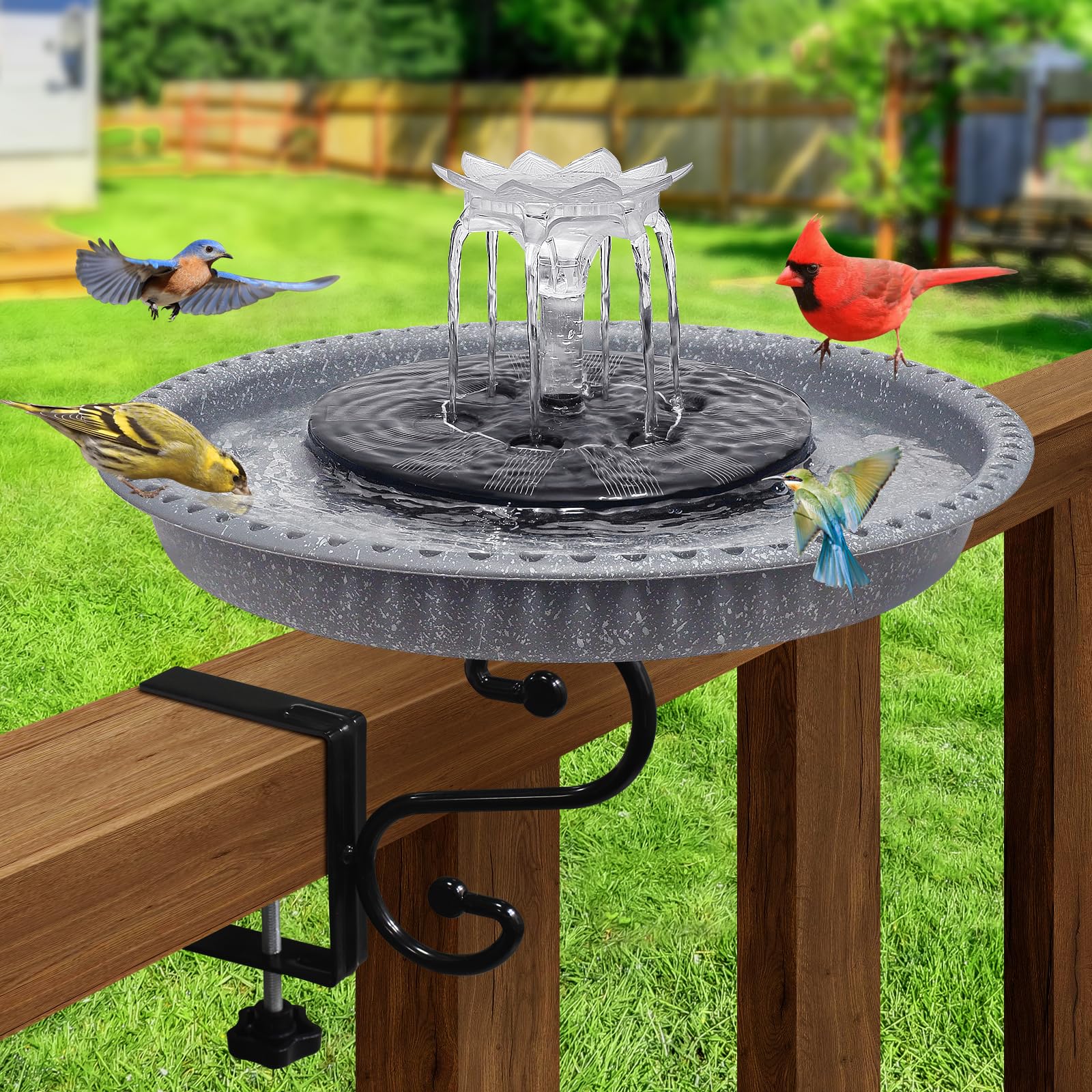 Photo 1 of Bird Bath with Fountain, 3.7 in Adjustable Metal Clamp Garden Decor Lightweight Plastic Solar Power Deck Mounted Bird Bath for Garden Yard Lawn Patio Outdoors, Spotted Gray