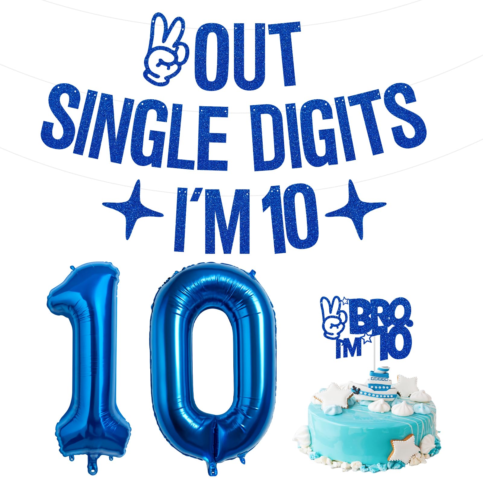 Photo 1 of 10th Birthday Decorations for Boys,Out Sinlge Digits I'm 10 Banner,Brother I'm 10 Cake Topper,Navy Blue Number 10 Balloon 32 inch