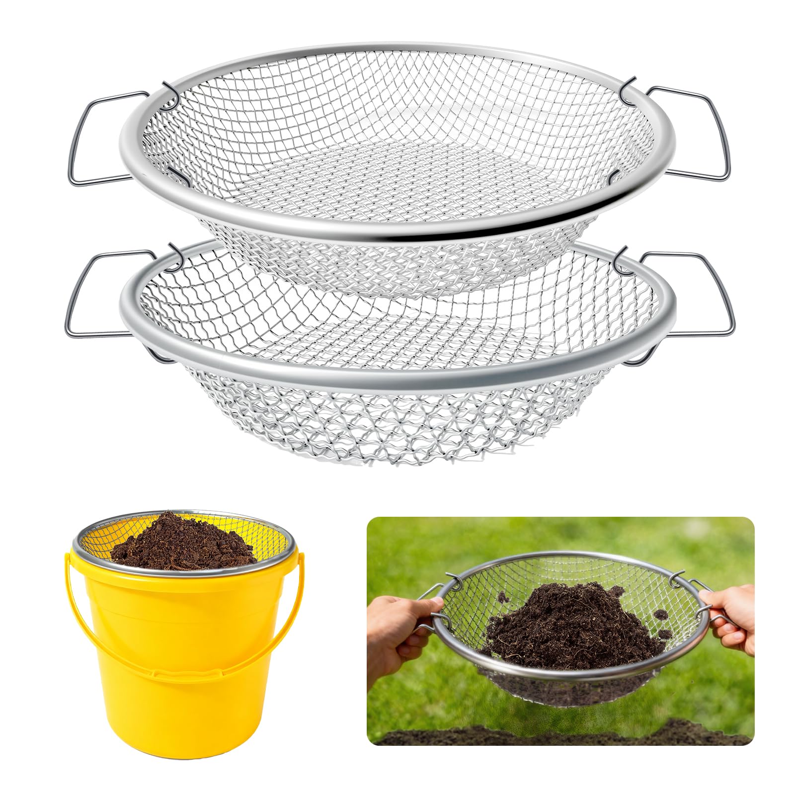 Photo 1 of 2PCS Soil Sifter for Gardening, 3mm + 6mm Mesh Compost Sifter with Detachable Handle for 5 Gallon Buckets Garden Sieve Sifters for Dirt Rocks Pellet Gravel Sand