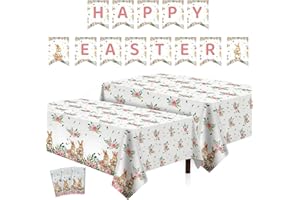 3Pcs Floral Easter Tablecloth & Banner, Beige Easter Bunny Egg Washable Seasonal Table Cover for Party Picnic Dinner Decor