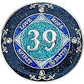(Years 1-50) NA 39 Year Crystals and Glitter Medallion, Silver Color Plated Coin, Black Rainbow, Blue Glitter and Four Clear Crystals, Epoxy Covered