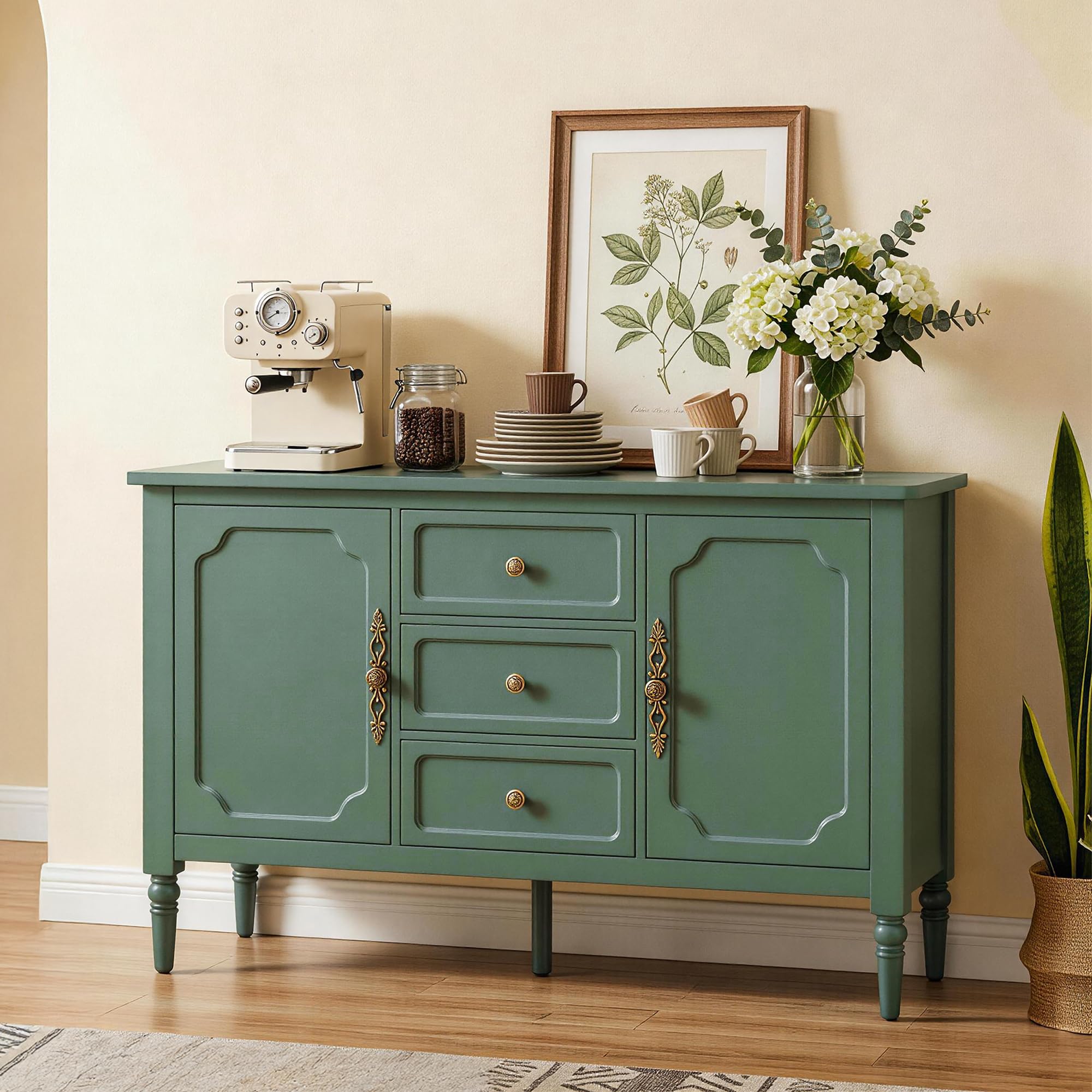 Photo 1 of RoyalCraft Buffet Cabinet with 2 Doors & 3 Drawers, Vintage Sideboard with Storage, Painted Coffee Bar Table with Solid Wood Legs, Ideal for Entryway, Living Room, Dining Room, Green