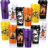 Pickmesh 12 Pack Halloween Reusable Coffee Cup Gift Bulk 16 oz Witch Bat Pumpkin Black Cat Horror Pattern Tumblers with Lid Plastic Cups Travel Coffee Mug Thank You Gifts for Hot and Cold Drinks