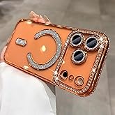 PRFLM Magnetic Glitter Case for iPhone 17 Pro Max 6.9“ [Compatible with MagSafe] [Built-in Lens Protector] Clear Sparkle Diamond Camera Protection Phone Case for 17 Pro Max Women Girls - Cosmic Orange