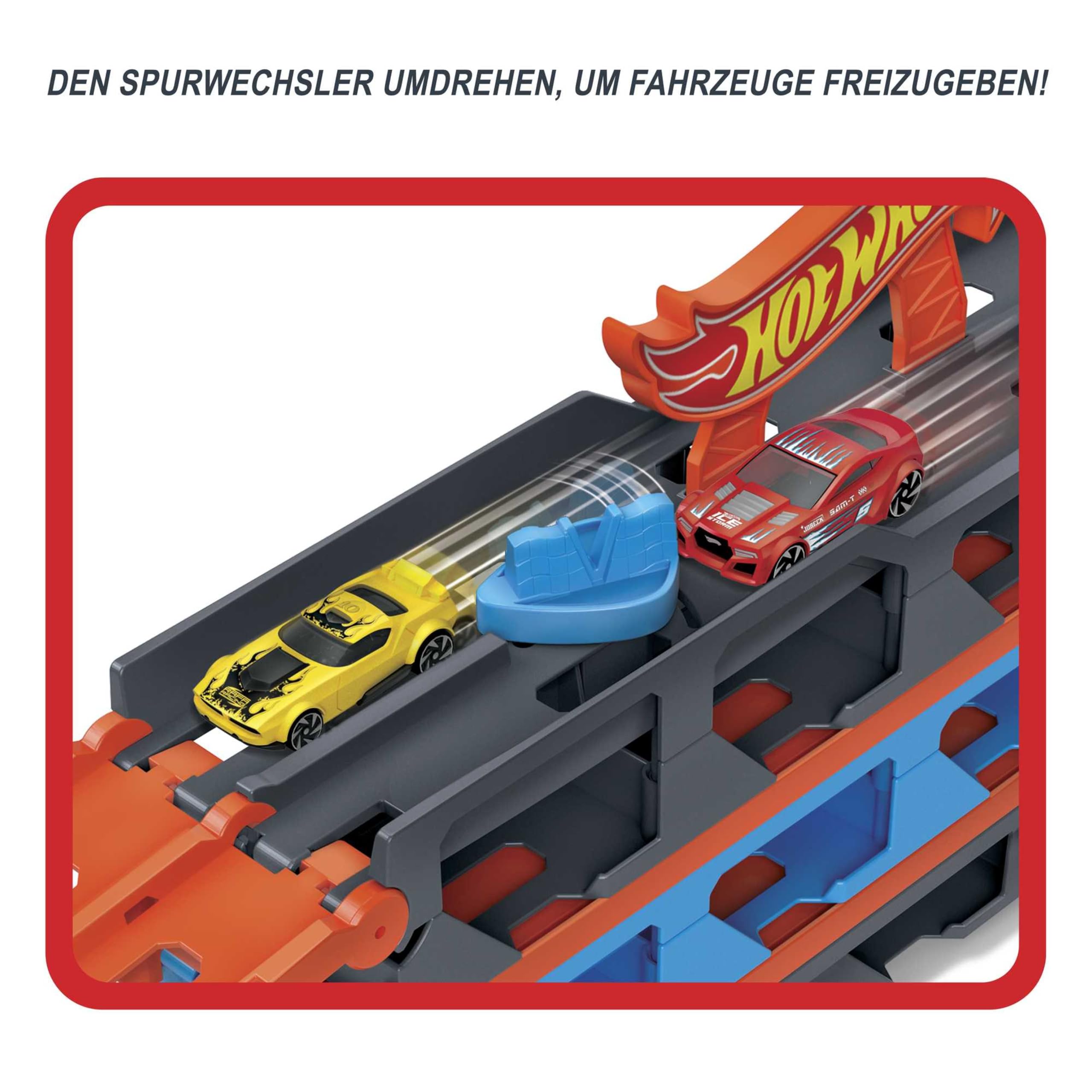 Hot Wheels - 2:1 Autorennbahn zu Transporter, inkl. 3 Spielzeugautos, mit Doppelstarter, Auslösefunktion und Weiche, Platz für 20 Autos, Spielzeug ab 4 Jahre, HGH33 3