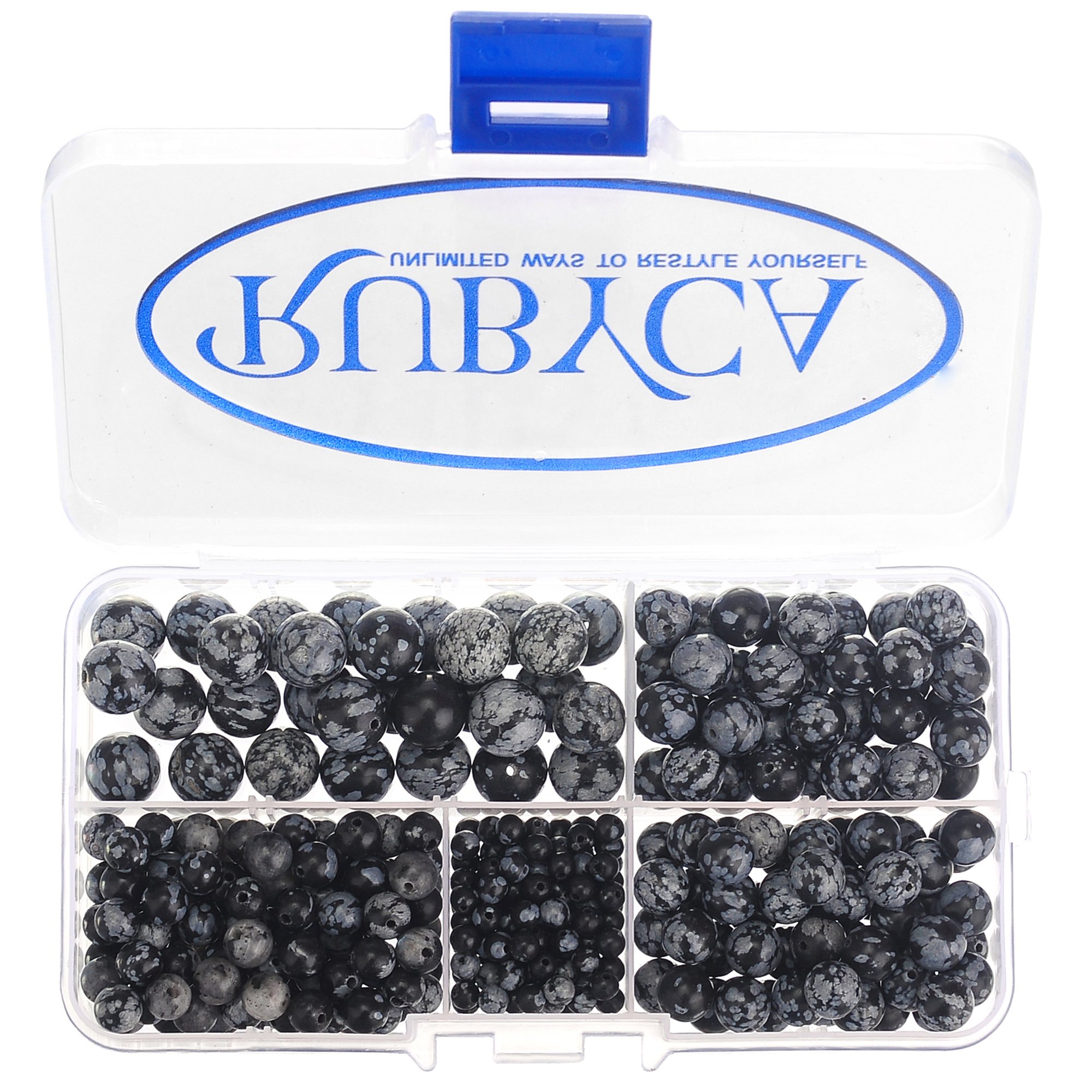RUBYCA Natural Snow Obsidian Gemstone Round Loose Bead Organizer Box for Jewelry Making, Mix Sizes