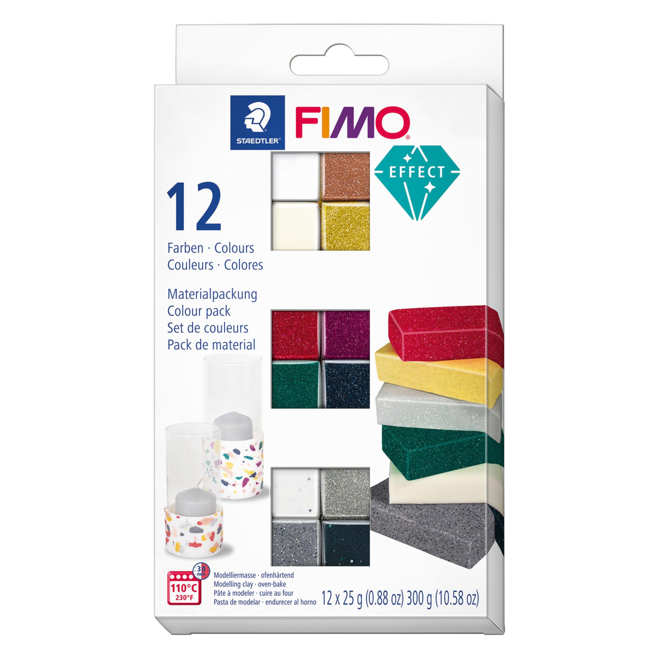 STAEDTLER 8013 C12-1 FIMO Effect Oven Hardening Modelling Clay - Assorted Colours (Pack of 12 x 25g Blocks)