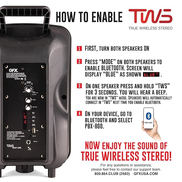 QFX PBX-800TWS 8-INCH TWS BLUETOOTH STEREO PA SYSTEM WITH 2 8″ SPEAKERS, 2 MICROPHONES, 2 STANDS, AND A REMOTE CONTROL
