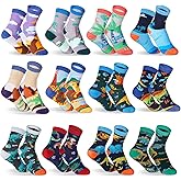 ShinyMatch 12 Pairs Boys Crew Socks for Toddler Kids Cartoon Dinosaur Space Casual Athletic Dress Socks for Birthday Sport