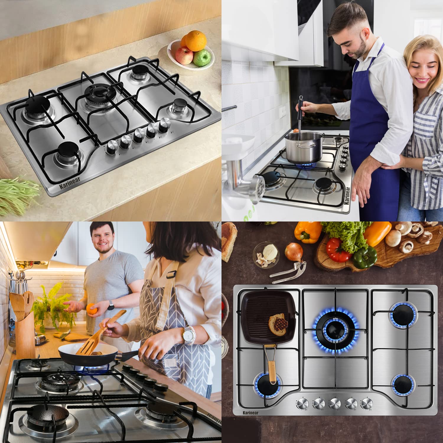 Karinear Gas Stove Cooktop 30 Inch 5 Burners, Built-in Stainless Steel Gas Hob, NG/LPG Dual Fuel Stovetop with Thermocouple Protection for Apartments, Indoor (Come with Pressure Regulator)