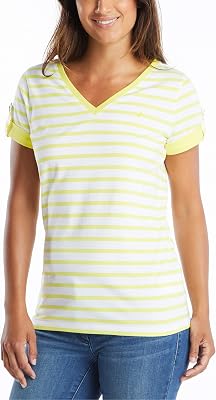 Camiseta de algodón elástico súper Suave a Rayas con Cuello en V Easy Comfort Mujer, Lemon Twist, XS