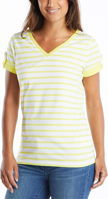 Camiseta de algodón elástico súper Suave a Rayas con Cuello en V Easy Comfort Mujer, Lemon Twist, XS