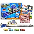 Race Track and Toy Car Set - Bundle with Raceway Grandstand Straight Away Expandable Play Set with 4 Race Cars Plus Stickers, Tattoos, More | Car Toys for Boys