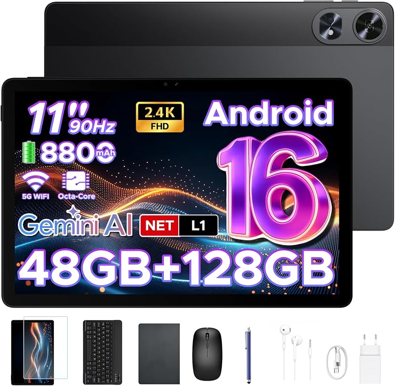 P11 Pro Tablette Android 16, Tablette 11 Pouces avec Gemini AI, 48Go RAM+128Go ROM, Tablette Tactile 2.4K 90Hz, T7250, 13MP+5MP, 8800mAh, 5G WiFi, Tablette avec Clavier, Stylet, Souris-Noir