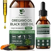 Oil of Oregano Drops with Black Seed Oil, Turmeric Oil, Vitamin E & Olive Oil Based, Immune Digestive Cleanse & Detox*, 80% Carvacrol Cold-Pressed Natural Aceite de Oregano, 2 Fl Oz, 8 Month Supply