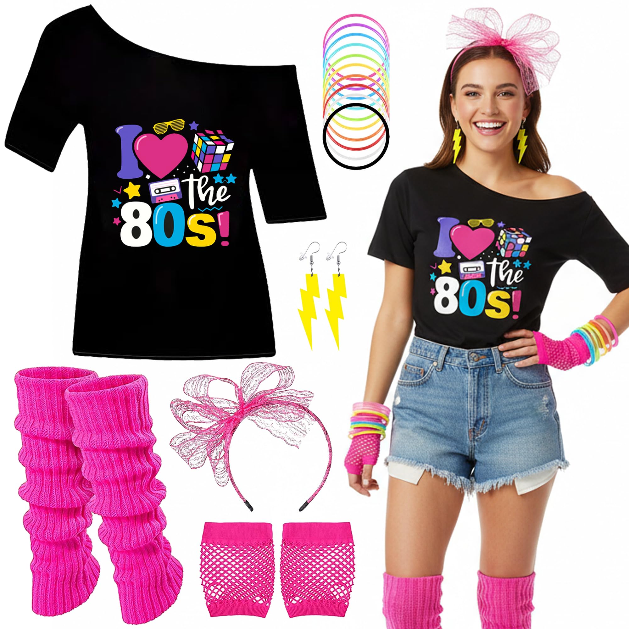Soireeparty 80s Fancy Dress Costume Women - Neon Retro Outfit with T Shirt Leg Warmers and Accessories Set, Pink Tutu Skirt Headband Earrings Gloves Silicone Bracelets for 1980s Hen Disco Party (L)