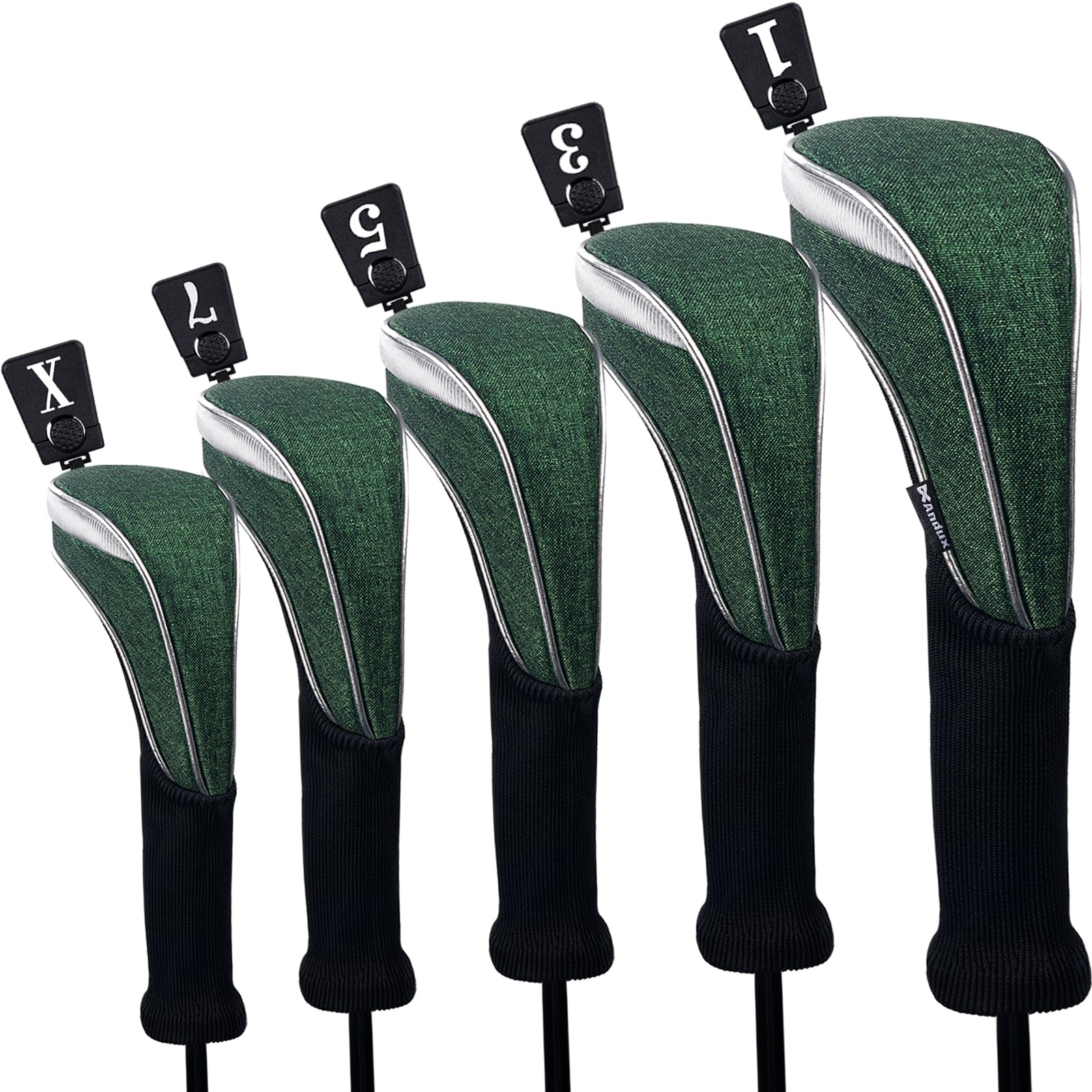 Andux 5pcs/Set Nylon Golf Wood Club Head Covers 460cc Driver Covers Long Neck Green
