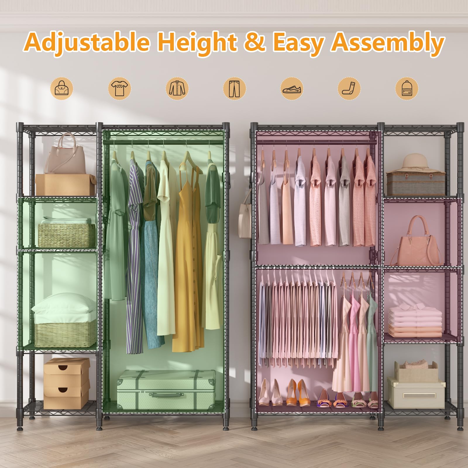 Homdox Heavy Duty Clothes Rack with Double Rods, 5-Tier Freestanding Wardrobe System, Adjustable Metal Clothing Rack with Side Hooks, Portable Closet Organizer for Hanging Clothes, Black
