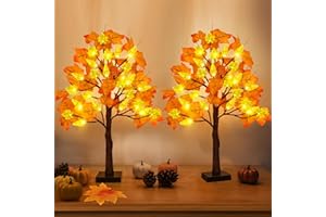 LEASEN Fall Decor 2 Pack 24 Inch Prelit Fall Maple Tree with 48 LED Lights Battery Operated Timer Light Up Artificial Maple Acorn Tree for Fall Thanksgiving Tabletop Home Indoor Halloween Decor