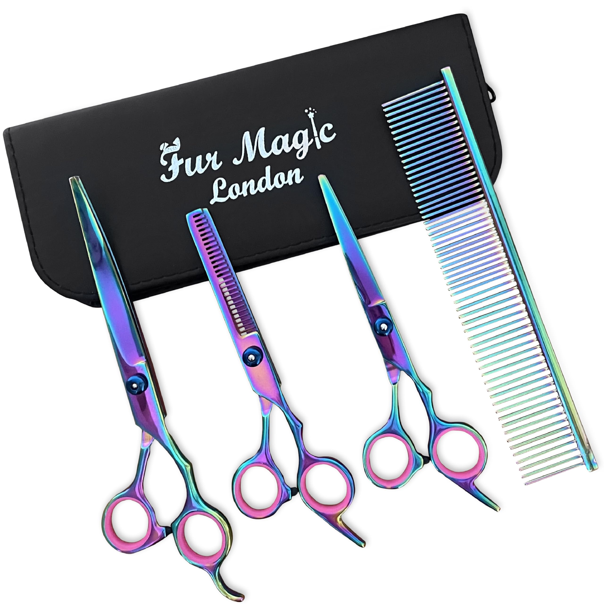 Fur Magic Dog Grooming Scissors Set, 4 Pieces Stainless Steel Grooming Products for Dogs and Cats with Straight Shears, Thinning Shears, Curved Scissors and Grooming Comb
