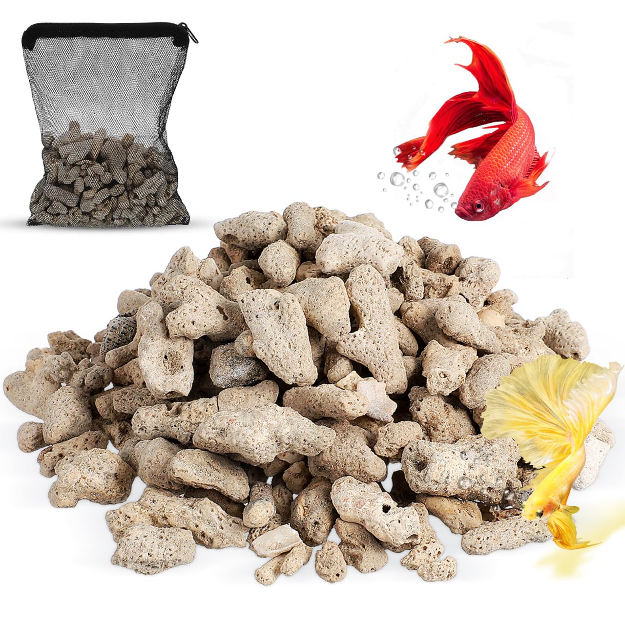 Yardwe Coral Aquarium Filter Media Bone Base with Mesh Bag for Fish Tank and Pond Filtration Suitable for Freshwater and Saltwater Aquariums Substrate 1.57X0.59X0.59In