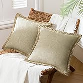 Phantoscope Pack of 2 Farmhouse Modern Fall Decorative Solid Throw Pillow Cover Burlap Linen Trimmed Tailored Edges Outdoor Pillows, Oatmeal 18 x 18 inches 45 x 45 cm