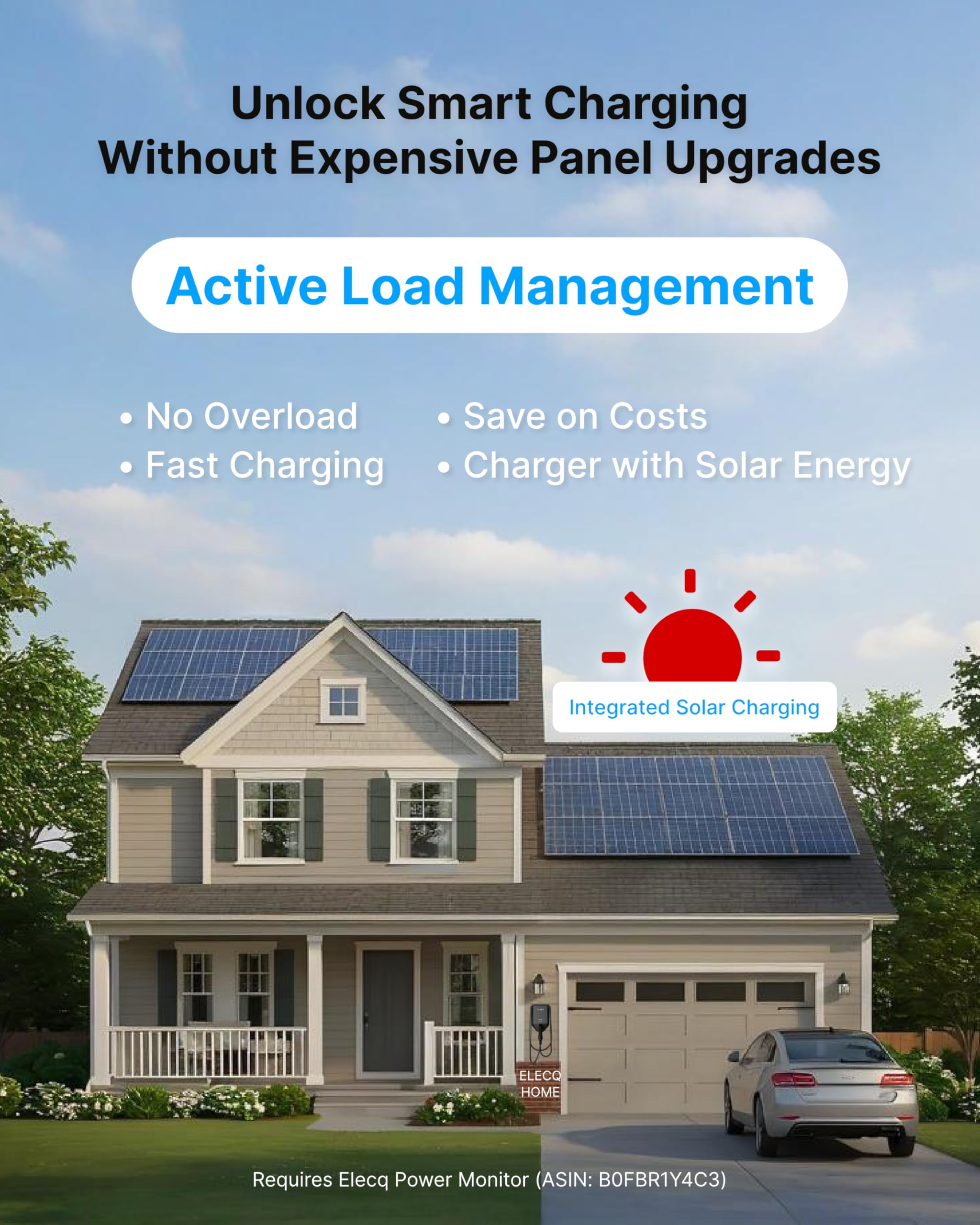 Elecq Level 2 EV Charger with Smart Charging - Solar Mode, OCPP Compatible, Active Load Management, Wi-Fi Enabled for Full Control EVSE, 40A NEMA 14-50 Plug-in Electric Car Charger for Home with J1772