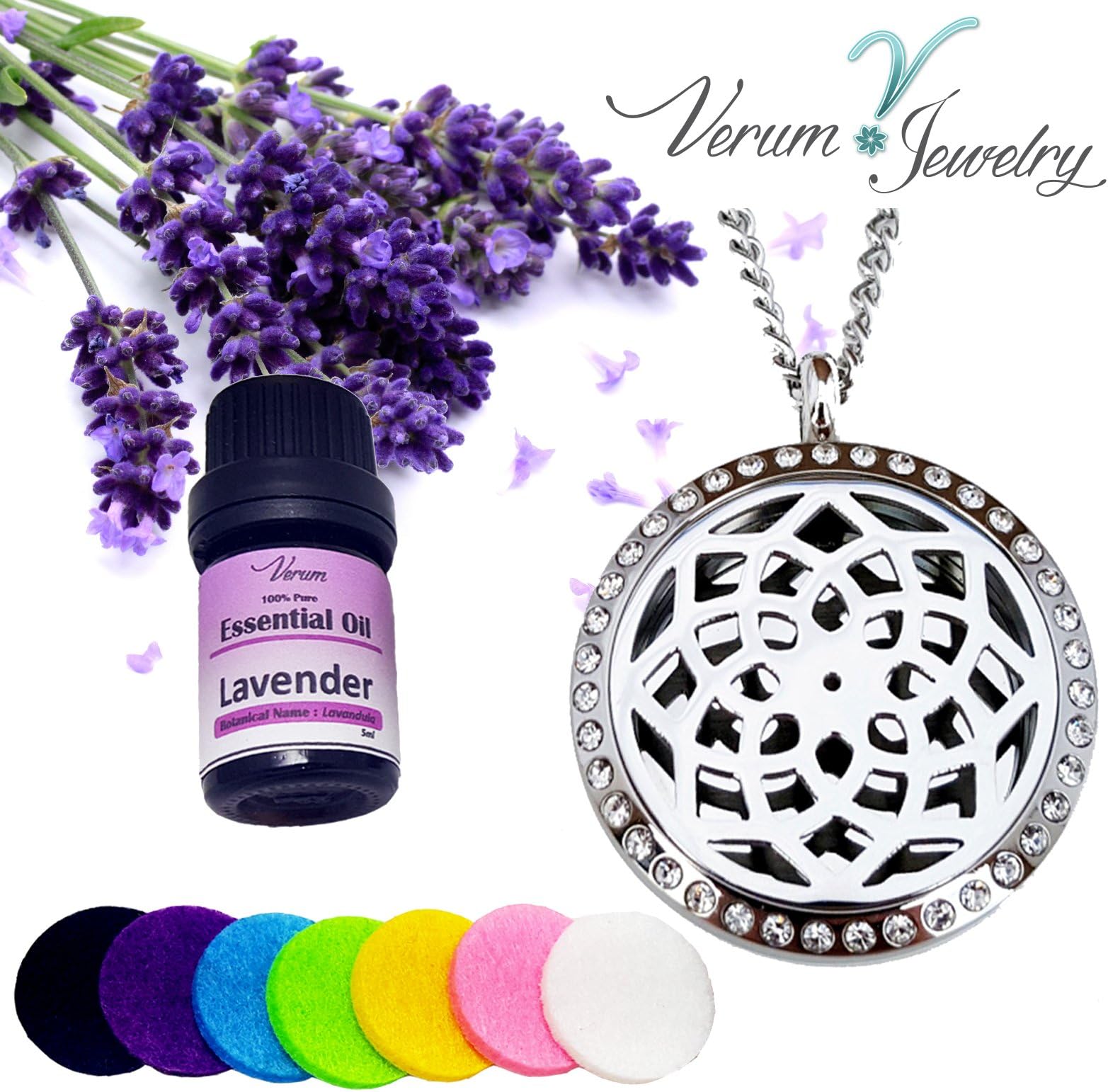 Diffuser Necklace Pendant Locket for Essential Oil - (Sunflower) Stainless Steel Aromatherapy - Jewelry Gift Set - Includes 5ml bottle of Verum Essential Oil