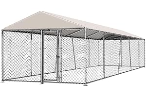 Lyromix 10 x 20FT Large Outdoor Dog Kennel with Roof, Dog Kennel Outside with Waterproof Cover, Galvanized Heavy Duty Chain Link Dog Runs Cage Playpen for Outside with Secure Lock