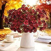 Artificial Mums for Outdoors, 1 Set 5 Bunchs Faux Mums for Outdoor Planters, Mum Artificial Flowers, ,Lifelike Artificials Outdoor Sunset Flowers,UV Resistant, Waterproof, Look Real(5,Autumn Red)